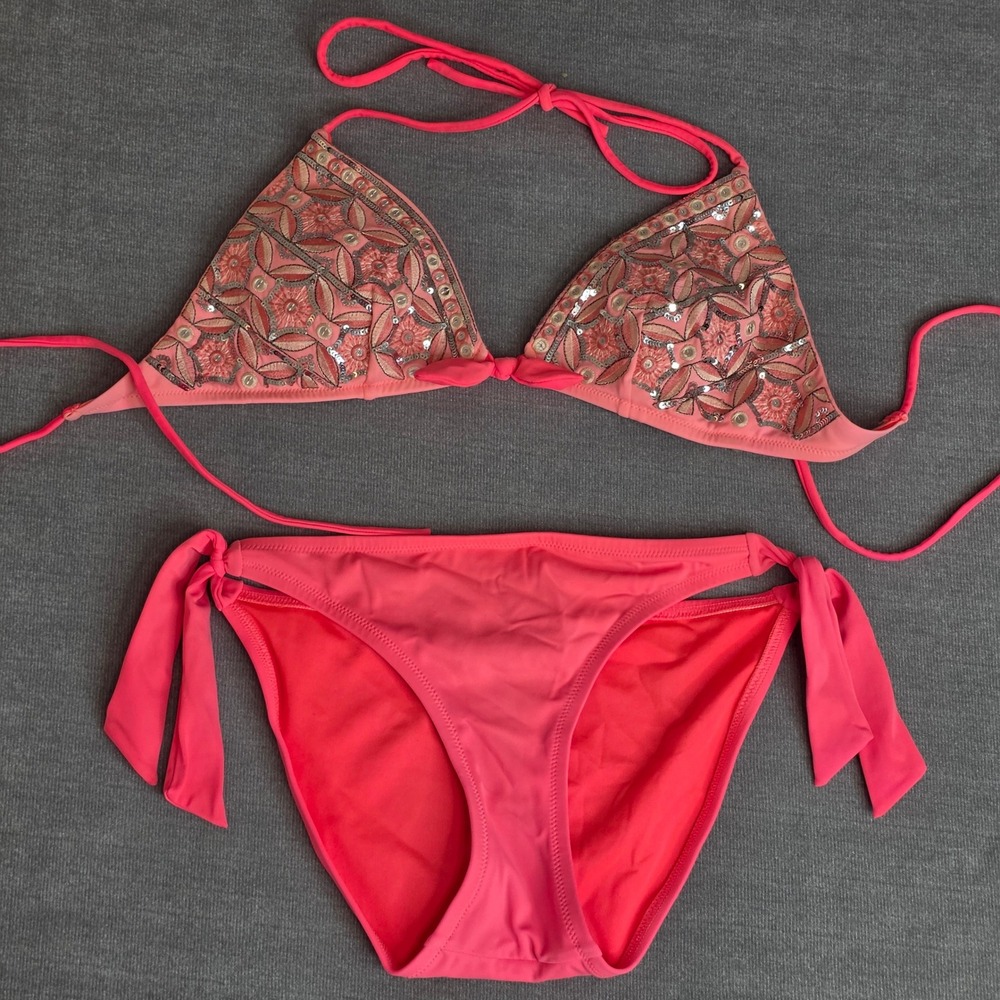 Victoria's Secret Bikini Womens S Coral Sequin Embroidered Boho Bling Swimsuit